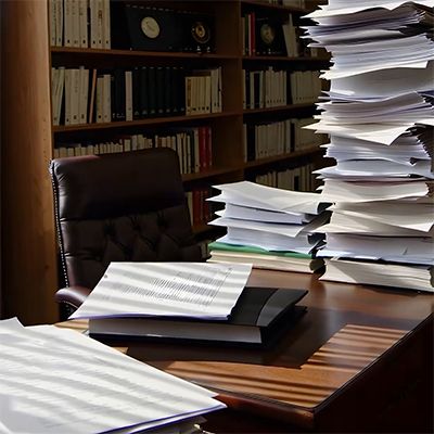 Escritorio con pilas de papeles